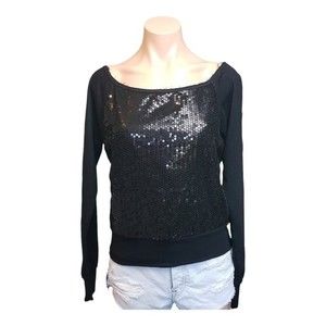 LA Kitty Womens M Long Sleeve Sequin Scoop Neck Shirt Top Black Shiny Bling